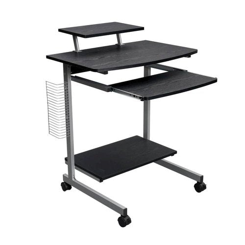 Furnifact Brown Mobile Desk with Adjustable Shelf, Keyboard Tray, Side Media Rack and Locking Casters, Compact Portable Work Station for Small Spaces