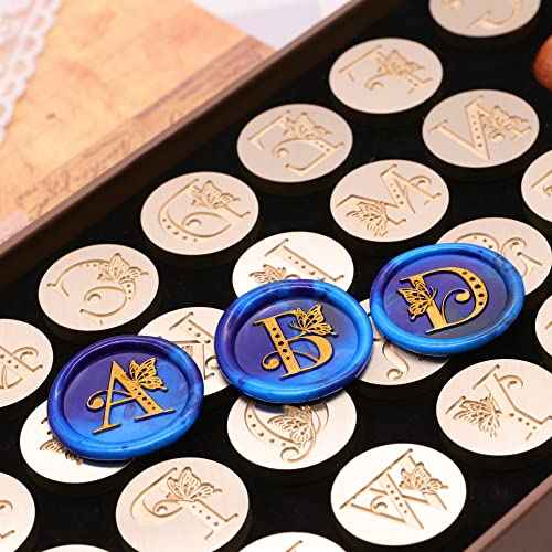 SWANGSA Initial Alphabet Wax Seal Stamp Kit, Vintage Butterfly 26 Letters A-Z Sealing Stamp with 2pcs Wooden Handles Gift Kit for Wedding Party Invitation, Gift Wrap, Christmas Card