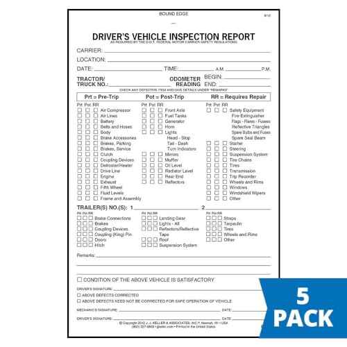 J. J. Keller Detailed Driver's Vehicle Inspection Report (Pre- & Post-Trip) Meets FMCSR Requirements, Book Format with 31 Sets, 2-Ply Carbonless, 5.5" x 8.5", 5 Pack