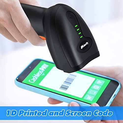 Bluetooth Wireless Barcode Scanner with Stand,Alacrity 3-in-1(Bluetooth & 2.4GHz Wireless & USB Wired) Bar Code Reader,1800mA*H Rechargeable Battery,Automatic Scanning,328Ft Range,16MB Storage Space