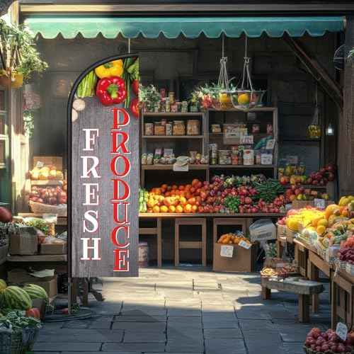 2 Sets 7 ft Fresh Produce Feather Flag with Flagpole and Ground Stake, Fresh Produce Advertising Feather Banner Flag Sign for Farm Fruit Shop Market Store Business Advertising Supplies