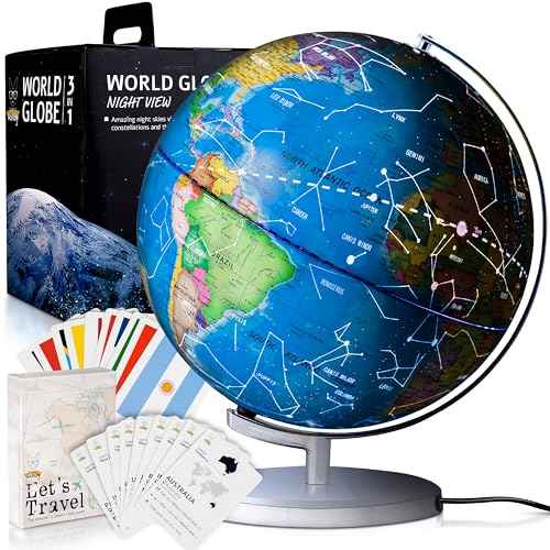 9" Illuminated Educational Kids World Globe + STEM Flags & Countries Interactive Card Game. 3 in 1 Children Desktop Spinning Earth Political & Constellation Maps, LED Night Light Lamp