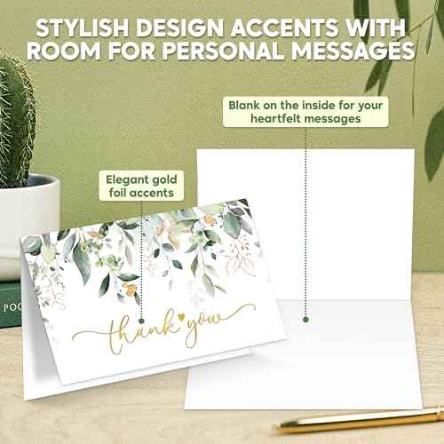 Decorably 100 Pack Gold-Foiled 6x4in Sage Green Thank You Cards with Envelopes, 10 Elegant Designs Folded Greenery Thank You Cards with Envelopes, Blank Inside - Wedding, Bridal Shower, Baby Shower
