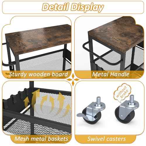 Slim Rolling Utility Cart, 4 Tier Metal Narrow Storage Cart with Handle and Wood Top, Multifunctional Small Mobile Shelf Unit Organizer Trolley for Laundry, Bathroom, Kitchen