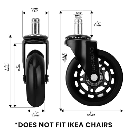 Duramont Black Office Chair Wheels - Set of 5 Universal Rubber Casters, Smooth & Quiet