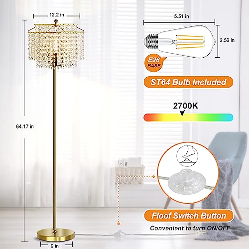 Luvkczc Gold Crystal Floor Lamp, 64" Tall Elegant Standing Lamp with On-Off Foot Switch, Double-Layer Lampshade, Standing Floor Lamps for Living Room, Bedroom, Office, 8W LED Bulb Included