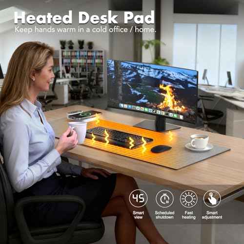Heated Mouse Pad with 3-in-1 Charging (15W Magnetic Wireless + Type-C + USB-A), Waterproof Warm Desk Pad, 2?6H Auto-Stop Heating, Fabric & PU Leather Office Desk Mat, Large 31.5" x 13" (Grey)