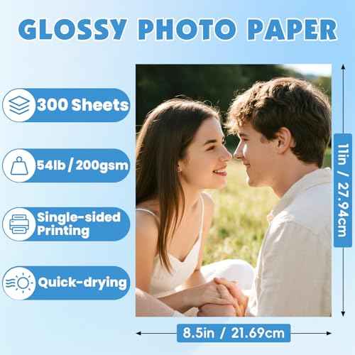 300 Sheets Glossy Photo Paper, 8.5in x 11in Inkjet Photo Printer Paper, Picture Paper for Photos, Calendars, Brochures, Cards, Menus(200gsm / 54lb)