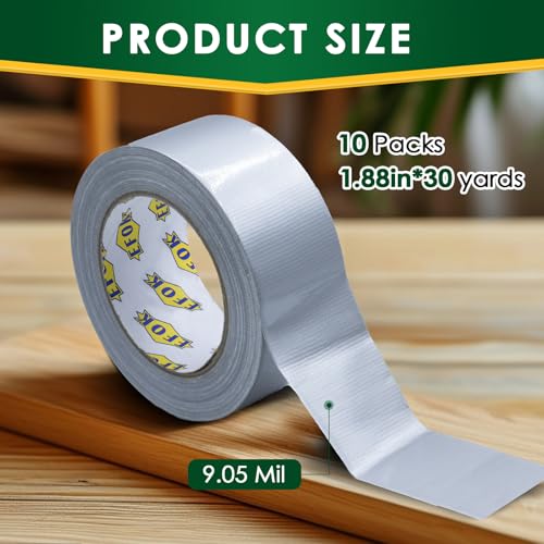 10 Pack Duct Tape Heavy Duty Waterproof, Sliver Duct Tape Bulk 1.88 Inch X 90 Ft, Strong Adhesive for Indoor Outdoor Tear By Hand