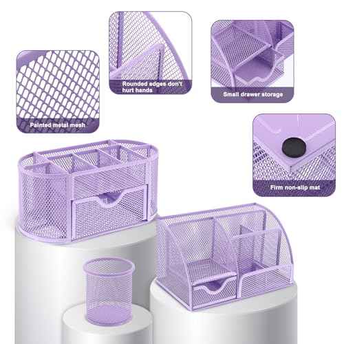 17 in 1 Purple Desk Organizers and Accessories Set, 3 Office Desk Supplies Storage Organization, 4 Pens, Stapler, Staples & Remover, Tape & Dispenser, Scissors, Ruler, Clips, Hole Punch Back to School