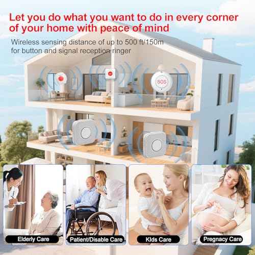 XUK Wireless Caregiver Pager Smart Call System for Elderly Monitoring SOS Alert System Portable Alarm with 1 SOS Call Panic Buttons & 1 Watch Pagers & 1 Square Pull Cord Pagers, 500+Feet 1 Receivers