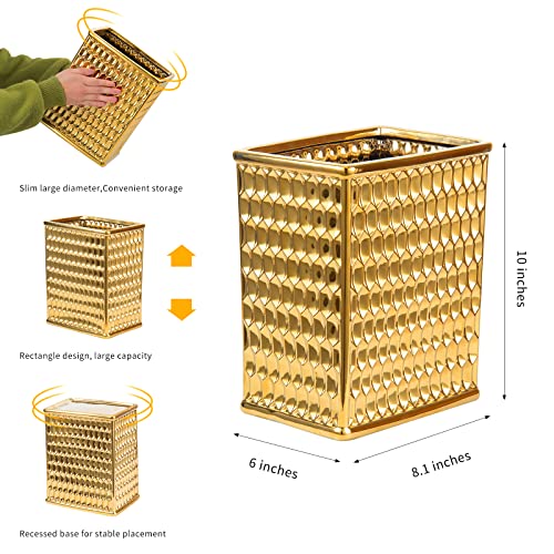 Ceramic Gold Square Trash can Waste Basket, Decorative Garbage Can for Bathroom, Bedroom, Home Office, Kitchen, Dorm, College (1.5 Gallon, Small, Open Top)