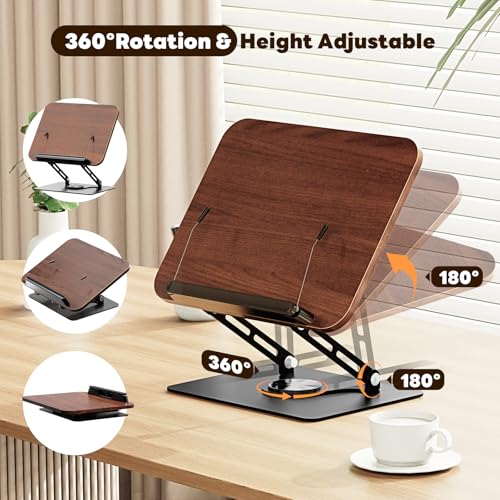 Abiglifty Book Stand for Reading,Adjustable Book Holder with 360¡Æ Rotating Base,Foldable Book Holder Stand for Cookbook,Textbook,Tablets, Laptops (Dark Wood)