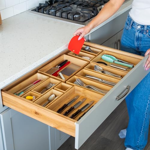 Grow Forward 14-Piece Bamboo Drawer Organizer Set - Multi-Size Storage Trays for Kitchen, Bathroom, Office & Makeup