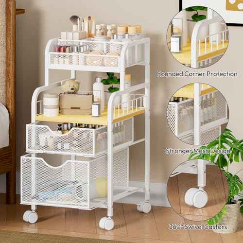 SWTYMIKI Rolling Cart with Drawers - Metal Utility Cart with Wood Shelf, DIY Divider and Locking Wheels, Craft & Art Cart Organizer for Under Desk Storage for Home Office Studio, White