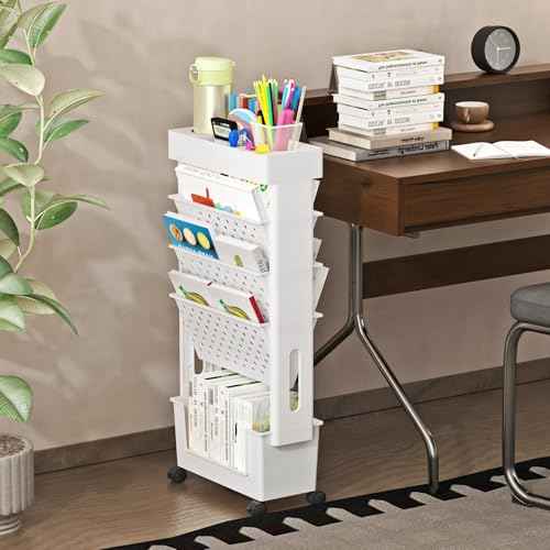BYFU 5-Tier Movable Bookshelf Cart, Rolling File Paper Storage Organizer Mobile Bookcase with Wheels for Home Office Study Classroom, White