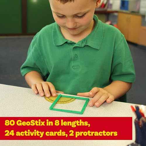 LEARNING ADVANTAGE GeoStix Basic Set - 80 Construction Sticks - 24 Activity Cards - 2 Protractors - Build 2D Shapes and Measure Angles - Teach Geometry with Construction