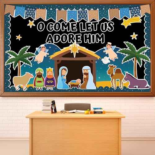 Christian Nativity Religious Bulletin Board Set 2025 VBS Christian Jesus Birth Classroom Decorations Border Cutout for Sunday School Church Chalkboard Wall Decor Summer Christmas Holiday
