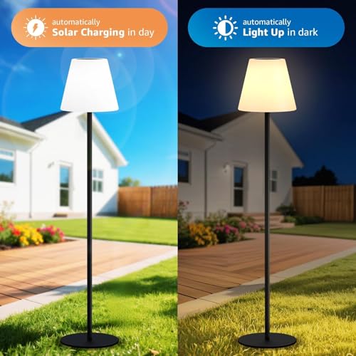 Solar Outdoor Floor Lamp USB Rechargeable Cordless Dimmable RGB Warm White LED Lights for Yard Garden Patio Round Base 59 inch Black