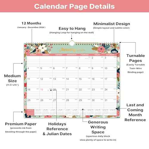 2026 Calendar - 2026 Wall Calendar, Jan 2026 - Dec 2026, 2026 Wall Calendar 12 Month, 15" x 11.5", Twin-Wire Binding, Julian Dates, Large Block, Notes, To-do List, Thick Paper, Perfect for Organizing - Floral