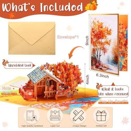 Teling 3D Fall Thanksgiving Pop up Card Thank You Greeting Card with Envelope Hello Autumn 9" x 6.3" Cover Handcrafted Cozy Autumn Farmhouse with Maple Tree Pumpkin Squirrel Thinking of You Gift