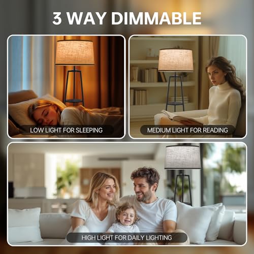 3 Tier Shelf Floor Lamps for Living Room, Modern Standing Lamp with 3 Color Temperature Led Bulb, Tall Lamps for Bedroom and Office, Black