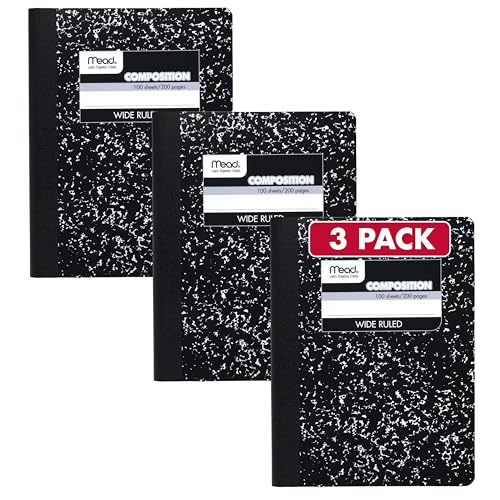 Mead Black Marble Composition Notebook 3 Pack Wide Ruled 7.5"x9.75"