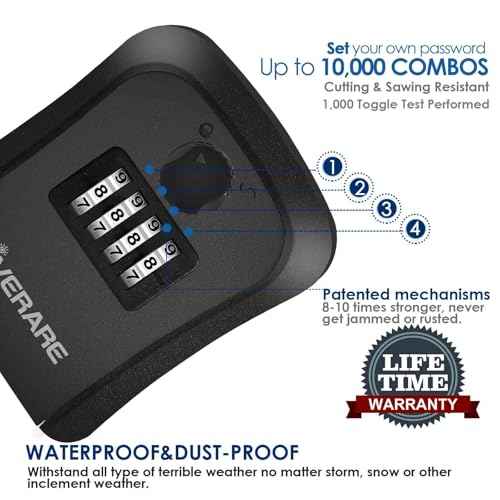 GIVERARE Lock Box, 4 Digits Combination Lockbox, Waterproof Outdoor Key Hider for House Key Storage Wall Mount Outside, Resettable Code Safe Security Password Boxes with Mounting Kit-Black