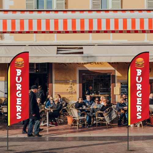 2 Set 7ft Burgers Restaurant Feather Flag Banner Advertising Swooper Flag with Pole Kit and Ground Stake for Burger Restaurant Business Outdoor Decor Events Promotion