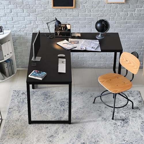 SHW 55-Inch Black L-Shaped Commercial Office Desk - 60" Version with Cable Grommets