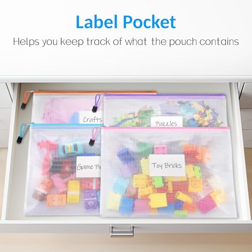 Sooez 20 Pack Mesh Zipper Pouch Bags, A4 Letter Size, Zipper Bags with Label Pocket, Waterproof Pouches for Classroom Organization, Board Game Storage, Document Bag for Teacher School Office Supplies