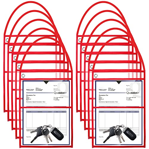 Epakh 30 Pack Shop Ticket Holders 9 x 12 Inch Work Order Plastic Sleeves Job Ticket Holders Dry Erase Repair Order Sleeves with Hanging Strap, Both Sides Clear(Red)