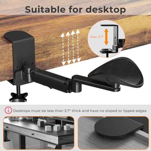 JOY worker Universal Clamp-on Adjustable Arm Rest, Ergonomic 360¡Æ Rotating Elbow Rest Pad for Desk, 6-Level Height Desk Arm Support for Thicker Desktop, Left/Right Hand, Black