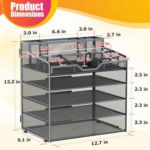 Docnest 5 Tier Mesh Desk Organizer for Paper Office Supplies ? Multi-Functional Letter Tray with 5 Adjustable Compartments, 3 Pen Holders, Desktop Storage for Files, Mail, Stationery ? Black