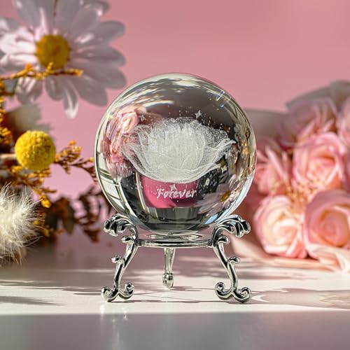 HDCRYSTALGIFTS 60mm Rose 3D Inner Engraved Crystal Ball Paperweight Gift for Women