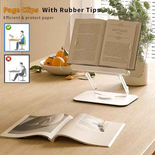 Acrylic Book Stand for Reading,Adjustable Holder with 360¡Æ Rotates Base & Page Clips,Foldable Desktop Ricer for Cookbook,Music Scores,Laptop,Tablet,Recipe,Textbook,Magazines