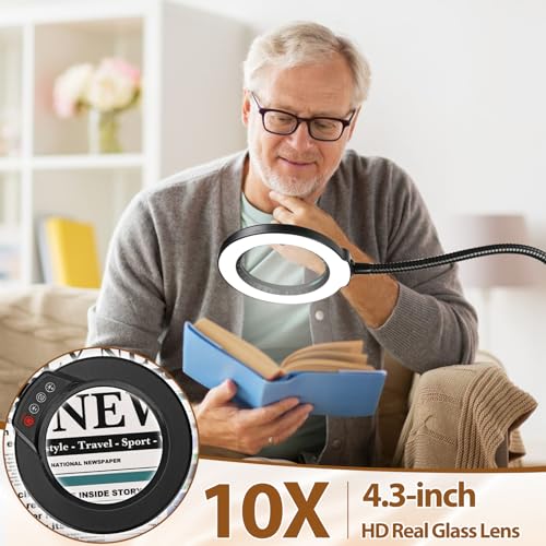 10X Magnifying Glass with Light and Stand, 24" Flexible Gooseneck Magnifying Floor Lamp, 3-in-1 LED 5 Color Modes Stepless Dimmable Lighted Magnifier Hands Free for Close Work, Hobby, Reading