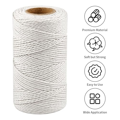 Vaincre White Cotton Twine 656Ft, 2mm Natural Craft & Kitchen String
