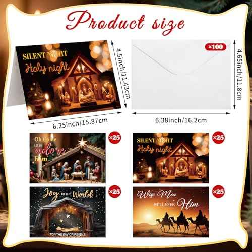 Eersida 100 Pcs Religious Nativity Christmas Card with Scripture Christmas Cards with Envelopes Bulk Religious Cards Bible Verses Nativity Scenes from Scripture for Xmas Winter New Year