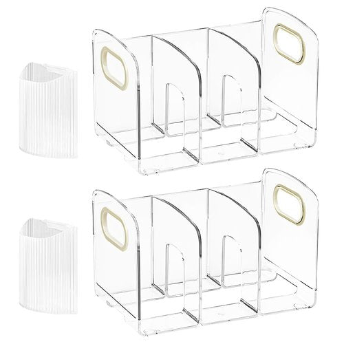 Mulaibdin Acrylic File Sorter with Pen Holder, Sturdy Desk File Organizer with Handle, Clear Purse Handbag Storage Desktop Divider File Folder Rack for Home Office Kitchen Supplies 3 Sections (2 Pcs)