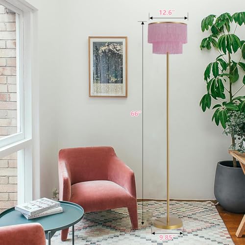 2 Light Gold & Pink Boho Floor Lamp with 2-Tier Tassels/Fringe Lampshade,66" Tall Mid Century Standing Bedroom Lamp,Soft Lighting Nursery Floor Lamp for Bedroom Livingroom