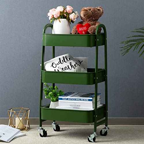 AGTEK Makeup Cart, Movable Rolling Organizer Cart, Bluish Green 3 Tier Metal Utility Cart