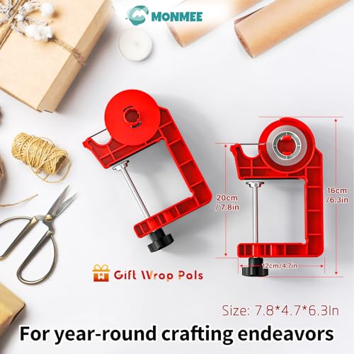 Monmee Christmas Red Tabletop Gift Wrapping Tool with Tape Dispenser 2-Pack – Adjustable Wrapping Paper Clamps