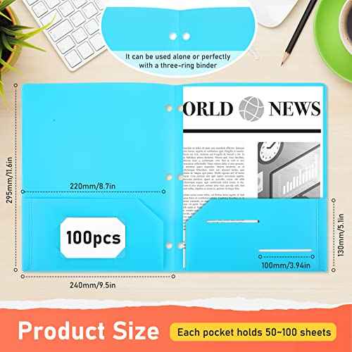 Seajan 100 Pcs Plastic Folders with Pockets, Heavy Duty, 2 Pockets, 3 Hole Punch, Letter Size, 5 Bright Colors