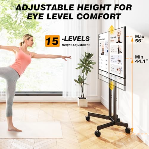 5Rcom Dual-Pole Rolling TV Stand for 32-75 inch LCD LED Flat & Curved TVs, Height Adjustable Portable TV Stand with Lockable Wheels, Mobile TV Cart up to 88lbs for Bedroom, Living Room, Outdoor