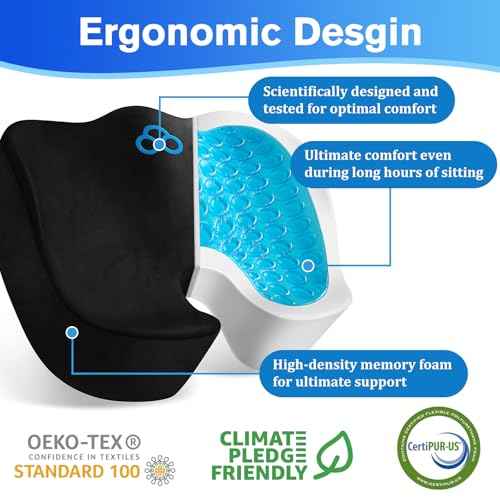 Seat Cushion, Gel Chair Cushions, Office Chair Cushions, Anti-Slip Bottom & Removable Cover Tailbone Pain Relief Cushion, Memory Foam Seat Cushion, 5.28 in Thick (Black)