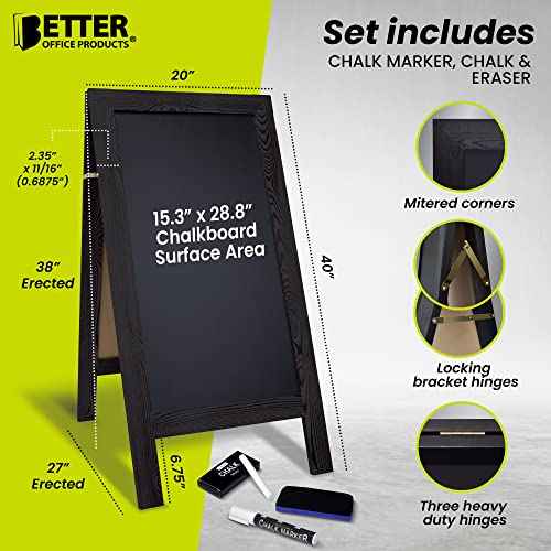 Better Office Products Magnetic A-Frame Chalkboard Sign, Extra Large 20" x 40", Standing Chalkboard Easel, with Chalk Marker + Chalk & Eraser, Sandwich Board Outdoor Sidewalk Sign,(Black)