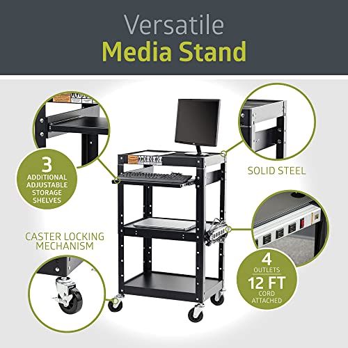Pearington AV Presentation Cart Stand for Video Projector, TV, Laptop + 4-Outlet Power Strip (Variation: AV Cart) – Steel, 4 Shelves, 12ft Cord, Black