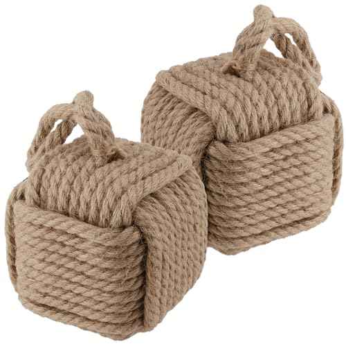 2 PCS Square Rope Knot Door Stops, 5.5 x 5.5 Inch Jute Door Stoppers with Handle, Nautical Knot Door Stopper for Doors and Windows, 5.3lbs