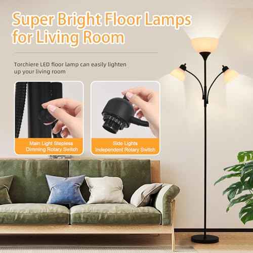 3 in 1 Lamps for Living Room, Floor Lamp with 2 Adjustable Reading Lights, Stepless Dimming Floor Lamps, 3 LED Bulbs Included, Modern Standing Lamp for Bedroom, Office, Home Essentials